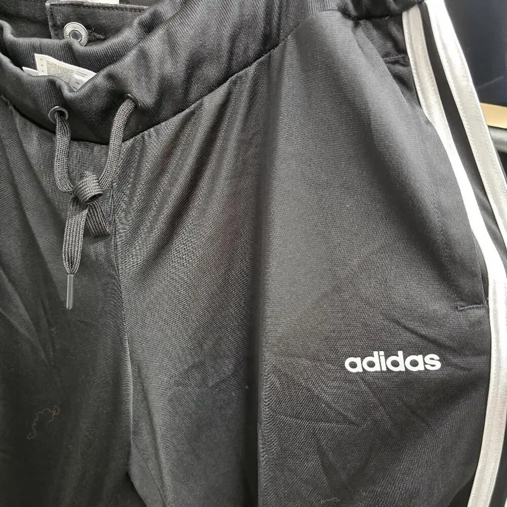 Adidas Mens Black White 3-Stripe Track Pants Joggers Large Drawstring Elastic‎